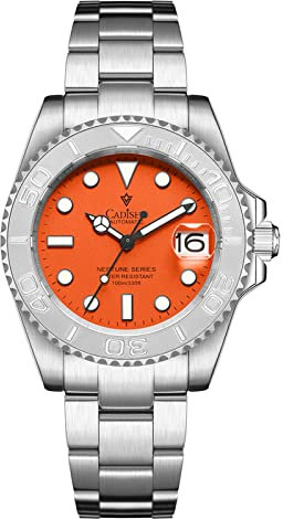 WEICHULWJ CADISEN Design Automatik Uhr Herren Mechanische Hommage Edelstahl Wasserdicht Saphirglas Armbanduhren GMT (Orange-W)