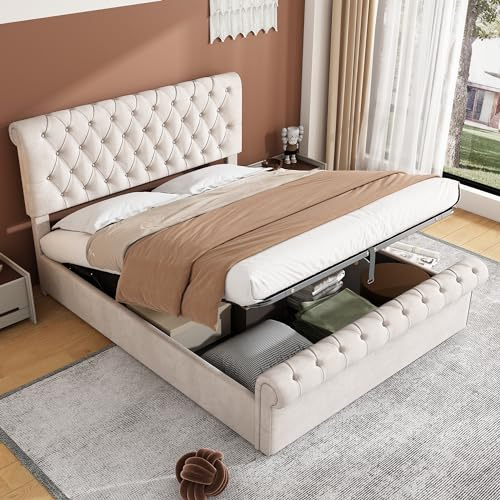 Ottoman Lift Storage Bed, 5ft King Size Bed Frame, Luxurious Velvet Button-Tufted Sleigh Upholstered Bed Frame with Gas Lift Up Underbed Storage and Adjustable Headboard, 150x200cm, Beige,No Mattress
