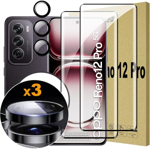 Lemxiee 3D Cristal Templado para OPPO Reno 12 Pro [2+1 piezas] Vidrio templado Protector pantalla y cámara