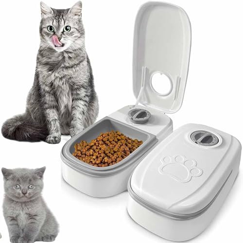 LYPPUL Automatic Pet Feeder, 2-Meal Automatic Cat Feeder, Dry and Wet Food Dispenser with 48H Timer, Pet Cat Food Dispenser, Pet Feeding Station for Medium Sized Cats and Dogs-Grey