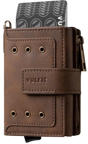 VULKIT Trifold Mens Smart Wallet with Aluminum POP UP Card Case RFID Protected, ID Window, Zipper Pocket for Coins and Compartment for Bills/Banknotes, Coffee Brown