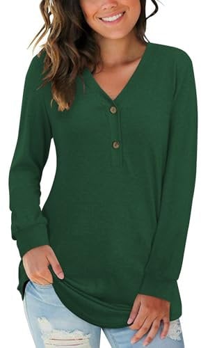 AUSELILY Women's Long Sleeve Tops V-Neck Jumpers Causal Button Down Sweatshirts Loose Henley T Shirt Blouse(Dark Green,M)