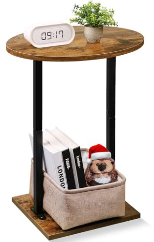Eufrozy Round Side Table, Sofa End Table with Fabric Basket, Compact Bedside Table, Rustic Brown Small Lamp Plant Coffee Table, for Small Spaces, Living Room, Bedroom, Patio