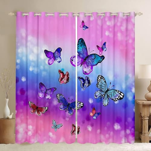 Vorhang Blickdicht Schmetterling Vorhänge Rosa Gardinen Wohnzimmer Schlafzimmer Verdunklungsvorhänge Thermovorhang 3D Druck Schallschutz Vorhang mit Ösen 2er Set B 110 x H 215 cm a5927