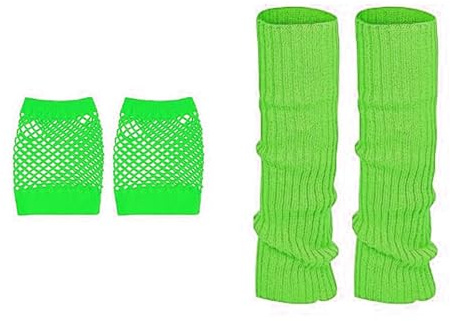ASFWAGQ 2 Stück Elastische Neon Beinstulpen und Netzhandschuhe Set, Beinwärmer Socken, Fischnetz Handschuhe, Gestrickte Beinlinge für den Winter, 80er Jahre Kostüm Zubehör