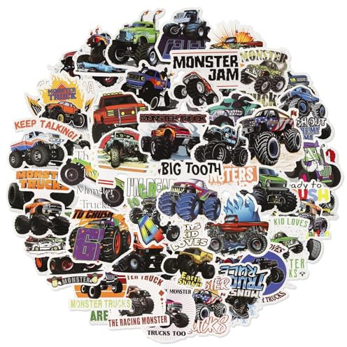 Monster Stickers Truck for Kids, 50Pcs Cute Car Stickers, Kawaii Truck Stickers for Children Party Bags Filler, Waterproof Vinyl Stickers for Laptop, Skateboard, Scrapbooking, Bedrooms