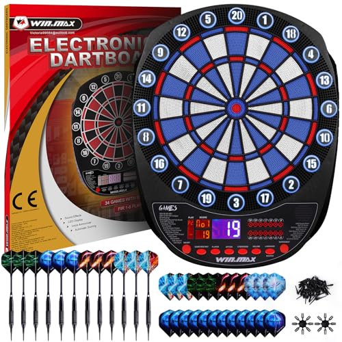 Diana electrónica profesional 34 juegos con 354 variantes, 3 idiomas: alemán, inglés, francés para 1 a 8 jugadores con 12 dardos SP02-WD-A