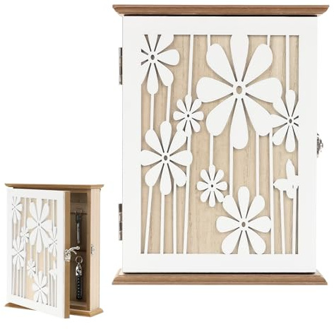 mumisuto Schlüsselkasten Holz Modern, Schlüsselbox mit 6 Schlüsselhaken, Dekor Schlüsselschrank mit Weißen Blumen Muster für Schlüssel, Schmuck, kleine Gegenstände, 26 x 20 x 6 cm