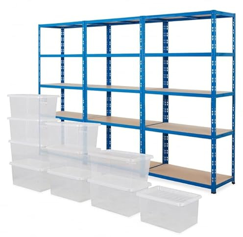 BiGDUG Heavy Duty Garage Shelving Unit 3 Bay - 179x90x45 cm - 200kg UDL Per Shelf (1000kg Per Bay) - 3x Blue Storage Shelves - 5 Tier - With 10x 31L Storage Boxes