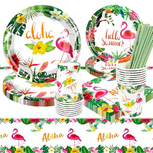 Ensemble de vaisselle de fête avec flamant rose - Assiettes en carton - Décoration d'anniversaire d'enfant - Avec flamant rose et ananas - Pour les vacances - Décoration d'été pour garçons et filles