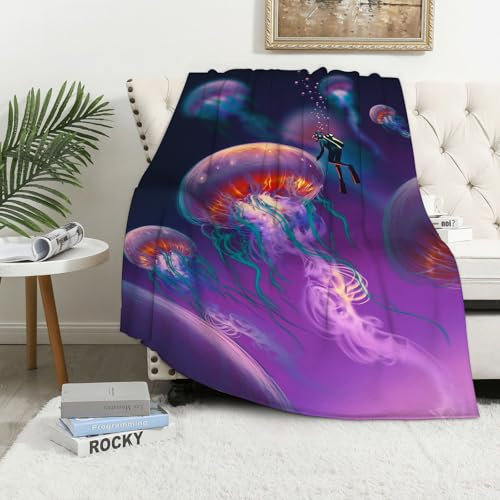 MAAPCHP Kuscheldecke Flauschig Decke Fleecedecke große Quallen und Taucher in Fantasy-U Wohndecke Warm Winter Weich,Decke Couch Blanket,Wohn- & Kuscheldecken 76 x 100 cm,Sofa überwurfdecke