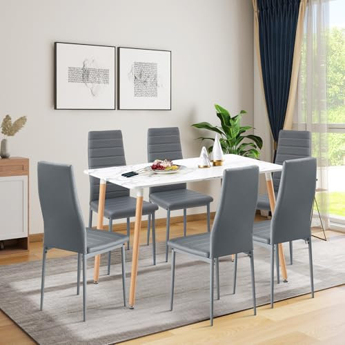 FURNITABLE Essgruppen Esstisch mit 6 Stühlen Esszimmergruppe, 110CM Rechteckig Küchentisch und 6er Set Esszimmerstühle Sitzgruppe für Wohnzimmer Küche Büro(Marmor Tisch+6 Grau Stühle)