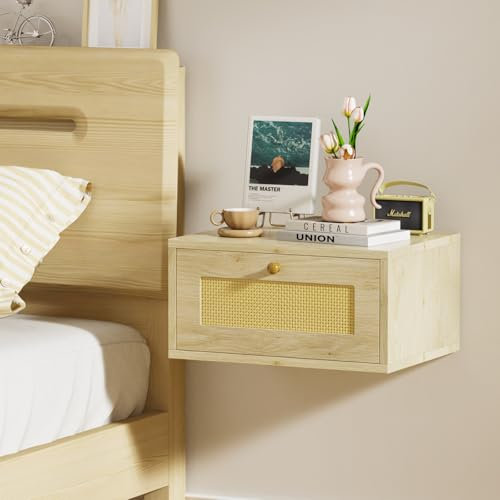 OXFENSEE Wandregal Schweberegal Hängeregal mit Schublade Nachttisch hängend schwimmendes Regal Wandboard schwebende Nachtkommode Nachtschrank Nachtkonsole 40 x 30 x 20 cm Eiche/Rattanoptik