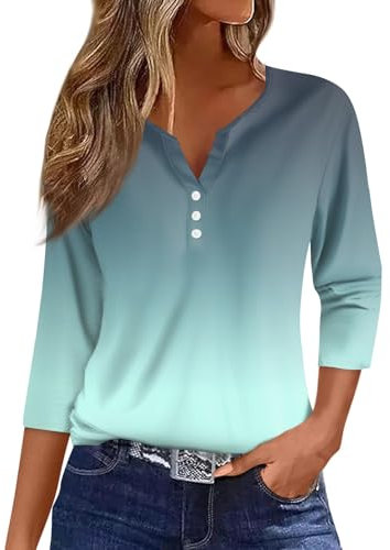 3/4 Sleeve Tops for Women Henley Neck Casual Women's T-Shirts Ladies Fitted Ladies Shirts Cyan M 28