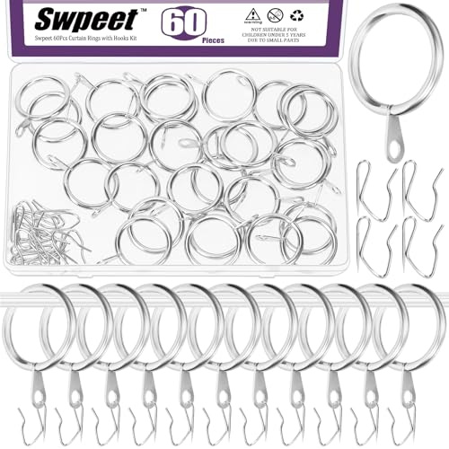 Swpeet 60pcs 25mm / 1 Inre diameter Sliver metall gardinring med pin-on draperi krokar sortiment kit, draper glidande ögon ring metall gardin krokar, för fönster dörr dusch gardin
