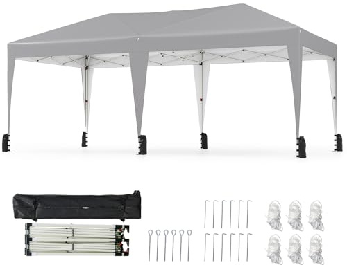 COSTWAY Pavillon 3 x 6 m, Pop up Faltpavillon Wasserdicht mit Tragetasche auf Rollen, UV Schutz 50+ Partyzelt inkl. 6 Sandsäcken, Gartenpavillon Höhenverstellbar für Camping, Party (Grau)