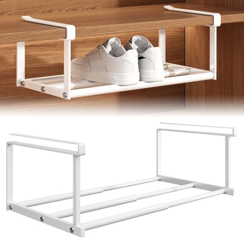 RANJIMA Estantería inferior para colgar cesta extensible, zapatero colgante en el armario, ajustable de 40 a 70 cm, cesta colgante para armarios de cocina, zapateros, armarios y armarios (blanco)