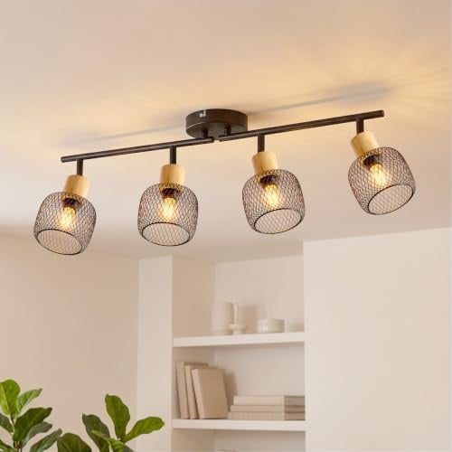 ANWIO Deckenstrahler 4 Flammig Schwarz – Deckenlampe Holz E14 – Deckenlampe Esszimmer für Wohnzimmer, Büro & Flur (Ohne Leuchtmittel)