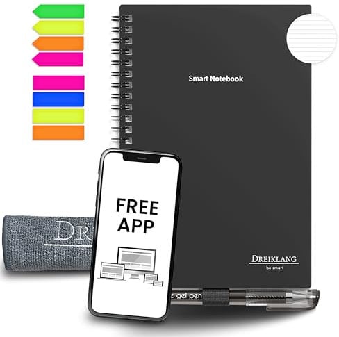 Dreiklang – be smart Wiederverwendbares Digitales elektronisches Notizbuch A 4 als Notebook mit Planer -iOS/Android App Cloud - Wiederbeschreibbar mit 2 Stiften, Mikrofaser-Tuch und Haftnotizen