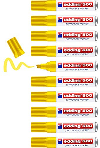 edding 500 Marqueur permanent - jaune - 10 stylos - pointe biseautée 2-7 mm - sèche vite, résiste à l'eau et aux frottements - pour carton, plastique, bois, métal, verre