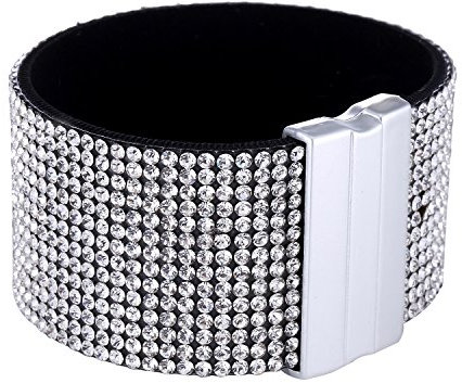 Morella Damen Glitzerarmband breit verziert mit Zirkoniasteinen und Magnetverschluss weiß