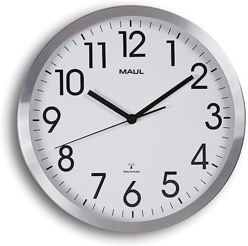 Maul Funkwanduhr MAULmove Ø 30cm | Elegante Wanduhr aus Mineralglas | automatische Zeiteinstellung | stabile Verarbeitung aus Aluminium in modernem Design | für Büro und Innenräume | Silber