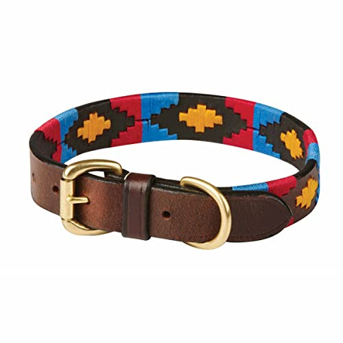WeatherBeeta Polo Leather Dog Collar, Cowdray Brown/Pink/Blue/Yellow, Large