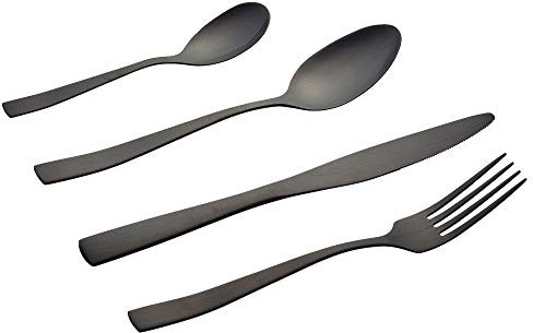 Cepewa 16 teiliges Besteck Set aus 430er Edelstahl Messer Gabel Löffel Teelöffel Designerbesteck spülmaschinenfestfür 4 Personen (schwarz matt)