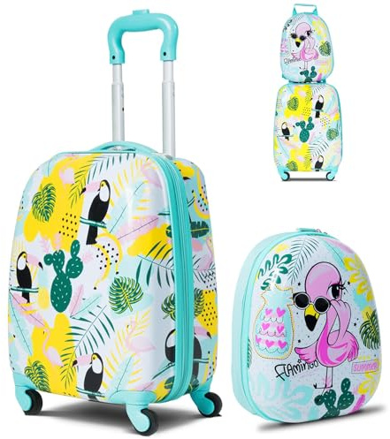 RELAX4LIFE Set Valigia Bambini 2 in 1 Animali Foresta Azzurro Fucsia (Trolley16 + Zaino 12) con Ruote 360°, Maniglia Regolabile, Zaino con Piedini | ABS Resistente | Ideale per Viaggi e Scuola