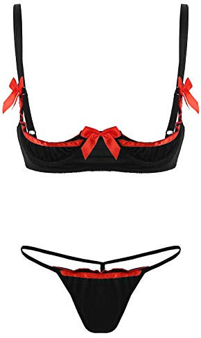 inlzdz Womens Mini Lingerie Set 1/4 Cups Underwired Shelf Bra with T-Back Briefs Thong Underwear Black One Size