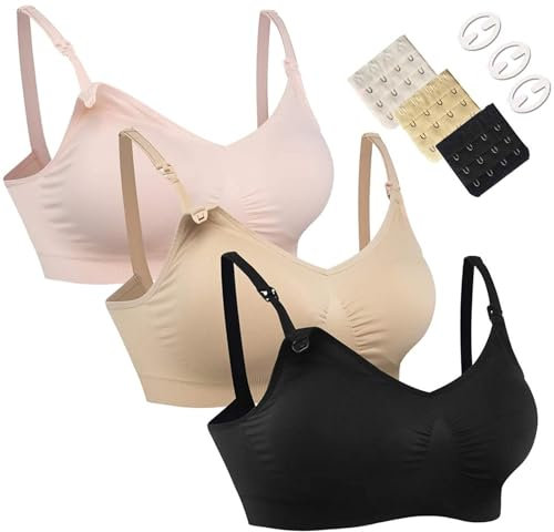 HOFISH Maternity Nursing Bras Seamless 3 Pack Sleep Bralette for Breastfeeding with Free Bra Extenders & Clips Black Beige Pink XL