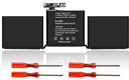 Batería A1713 Compatible con MacBook Pro 13 A1708 Late 2016 Mid 2017 EMC 3164 2978 MLL42LL/A MLL42B/A MLL42Y/A MLL42FN/A MLUQ2LL/A MPXQ2LL/A MPXQ2B/A MPXQ2D/A MPXQ2FN/A [11.4V 54.5WH 4780MAH]