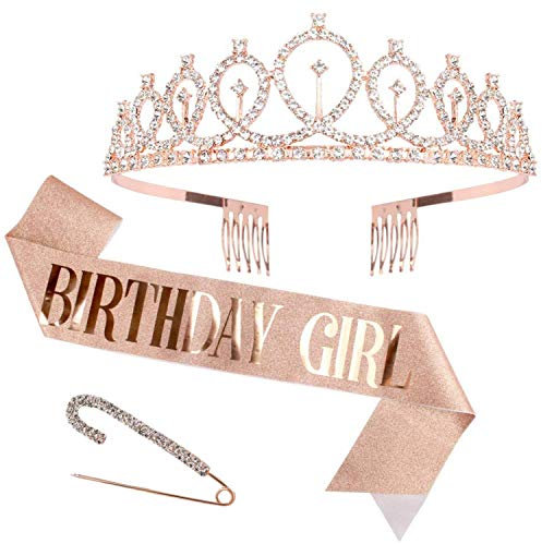 Bea's Party Geburtstagskrone mädchen Schärpe Rosegold Geburtstag Kristall Tiara Diadem für Frauen Prinzessin Haar-Zusätze witzige Geschenke 50 40 18 30 Geburtstag Sweet 16 Krone