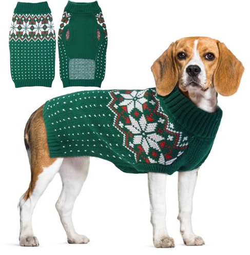KATZINST Hunde Pullover, Weihnachtspullover Hund, Fleece Hundepullover Weihnachten mit Schneeflockenmuster, Hundepullover Grosse Hunde für Labrador Jack Russell Weimarer Hund, Grün XL