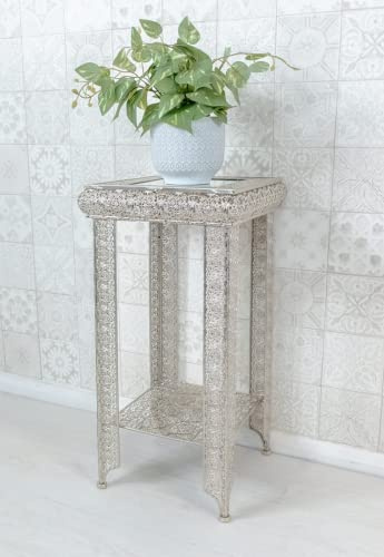 DOWNTON INTERIORS Silver Moroccan Embossed Metal Mirrored Glass Side End Plant Table with Shelf (GZ421) Part of the AGADIR Collection