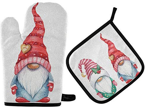 Gants De Cuisine Et Maniques Motif Aquarelle Mignon De Gnomes De Noël Gants De Cuisson avec Isolation Thermique Gants De Cuisine Antidérapants Mitaines De Pincement pour BBQ, La Cuisine, La Cuisson