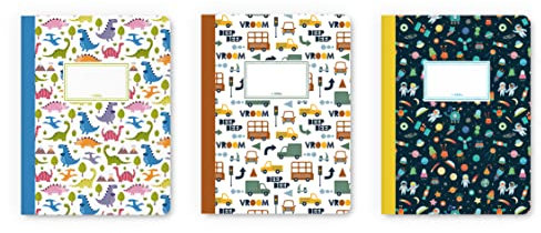 dabelino® 3er Set Notizhefte A5 für Kinder/Jungen: liniert (Dinosaurier, Autos/Fahrzeuge, Weltall/Weltraum) - Hausaufgabenheft, Schreibheft, Geschenk zur Einschulung, Schultüten-Füllung
