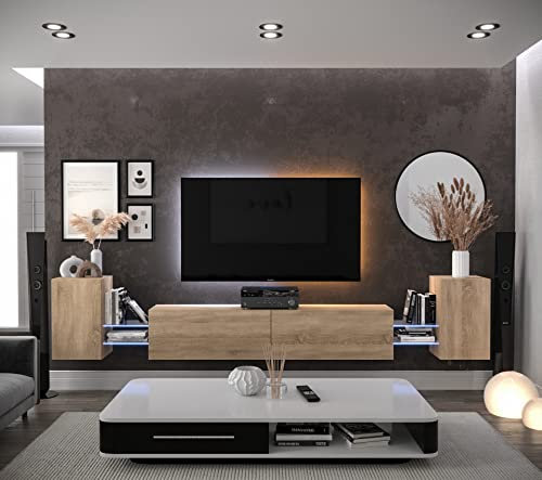 Furnitech Wohnwand Wohnzimmer | Wohnzimmer Möbel mit LED RGB - 16 Farben | Hängend Wohnwand Modern | Wohnzimmer Schrankwand mit Regale und TV Schrank (AN103-21S-M5-1A)