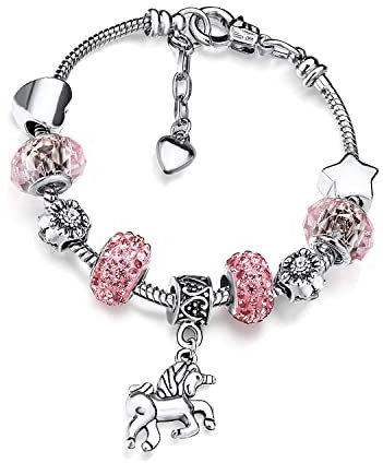 Deolven Bettelarmband für Mädchen, Rosa Glitzernden Kristall Armband mit Einhorn für 6-12 Jahre Kinder Mädchen Geschenke Rosa 14cm