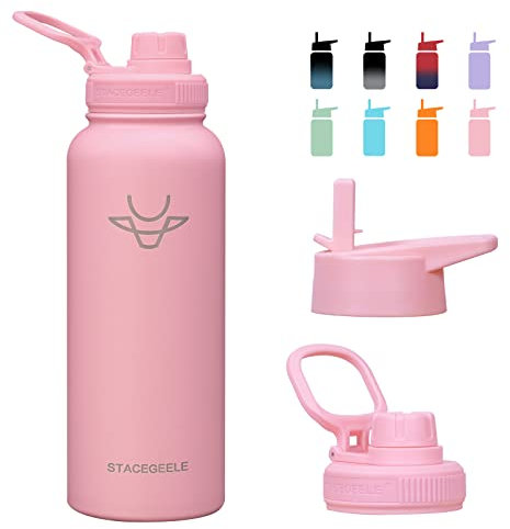 STACEGEELE 40oz Insulated Water Bottle with Straw Lid Reusable Leak Proof Stainless Steel Water Bottles Double Wall Vacuum Insulation 24 Hours Cold and 12 Hours Hot Light Pink