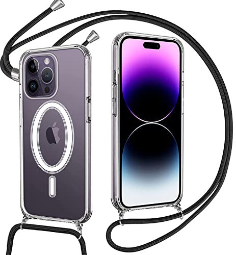 Pnakqil Collier Coque pour iPhone 14 Pro Max Con Cordon, Compatible avec MagSafe, Cercle Magnétique Intégré Étui Housse de Transparent Souple Silicone Antichoc Etui pour iPhone 14Pro Max, Noir