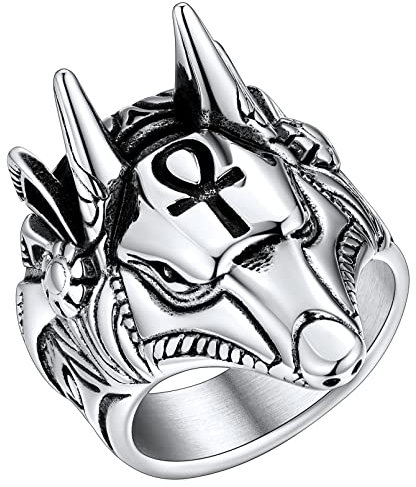 FaithHeart Edelstahl Ägypten Anubis Fingerring in Größe 54.4 Punk Ankh Kreuz Ring mit Geschenkebox für Geburtstag Weihnachten Vatertag