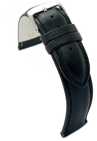 diloy Lederarmband für klassische Uhr – Glattes Rindsleder mit Nähten, gepolstert, Edelstahlschließe – Größen 8mm, 10mm, 12mm, 14mm, 16mm, 18mm, 19mm, 20mm, 22mm, 24mm 302 Schwarz 22mm