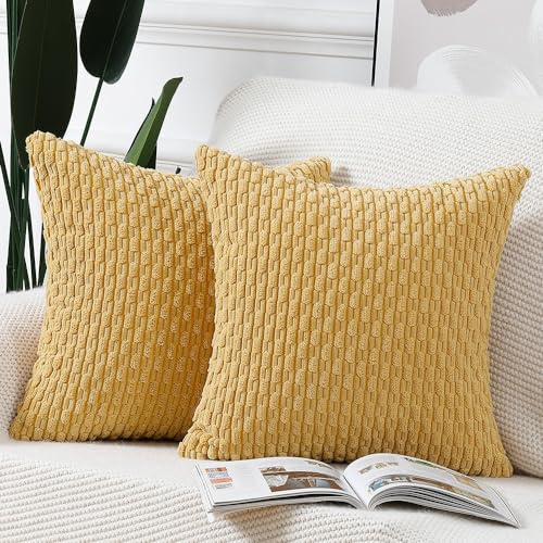Madizz 2er Set Boho Gestreifte Kissenbezüge Weicher Kord Dekorativer Kissenbezug für Schlafzimmer Sofa Kissenhülle Gelb 55 x 55 cm