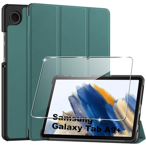 Rojeuinn Cover per Samsung Galaxy Tab A9+/A9 Plus 2023 11 inches custodie+1 Pezzi Vetro Temperato,Gomma Protezione Protettivo,Ultra Sottile Antiurto Anti-Graffio TPU Flessibile Case-Green