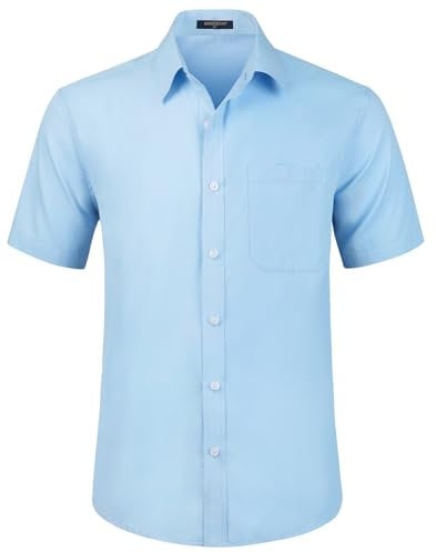 HISDERN Mens Short Sleeve Blue Shirt Regular Fit Casual Formal Shirts Button Down Business Dress Shirt Non Iron,L