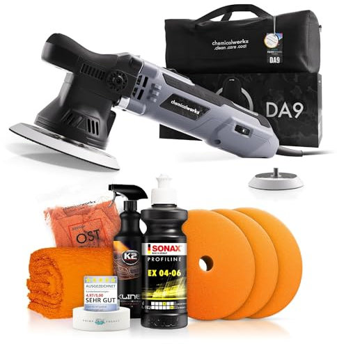 Poliermaschinen Set: chemicalworkz DA9 Exzenter Poliermaschine + Sonax One-Step Politur + Royal Pads Polierpads + Zubehör - Auto Lack Politur, Kratzer entfernen, Aufbereitung | 8-teilig