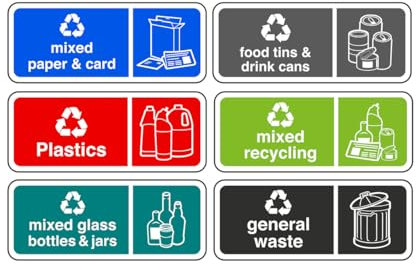 Recycling signs complete pack of 6 essential for recycling bins - High tack self-adhesive sticker (200mm x 80mm) Viewing Distance within 5m.