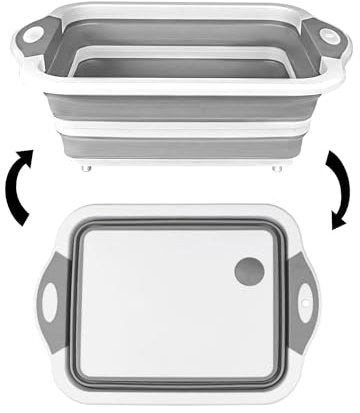 Tagliere pieghevole da campeggio, barbecue con coperchio antigoccia, stazione di lavaggio multifunzione (grigio bianco)