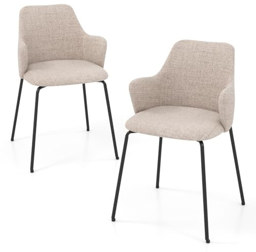 HOMASIS Esszimmerstuhl 2er Set, ergonomischer Küchenstuhl mit Rückenlehne & Armlehnen, gepolsterter Essstuhl aus Lein & Schaum, Tragfähigkeit 150 kg mit Metallbeinen, Polsterstuhl für Küche Esszimmer